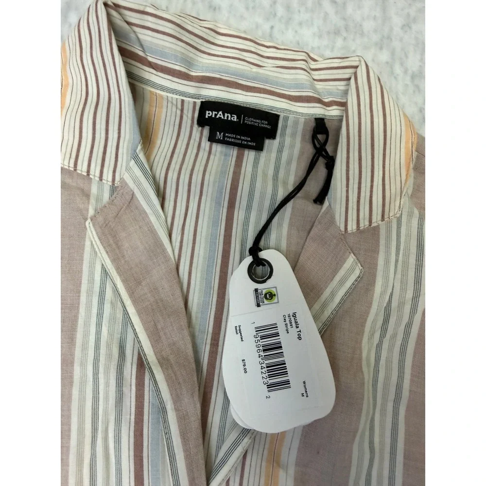 Prana Iguala Top‎ Clay Stripe Tencel Modal Button Down Shirt Womens Medium NEW